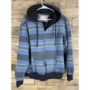 OP Men's Large Blue Gray Striped Sherpa Lined Zip Up Hoodie Jacket